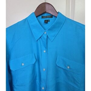 Lauren Ralph Lauren 100% Silk Blouse Teal Blue Long Sleeve Size 16 Shirt Collar